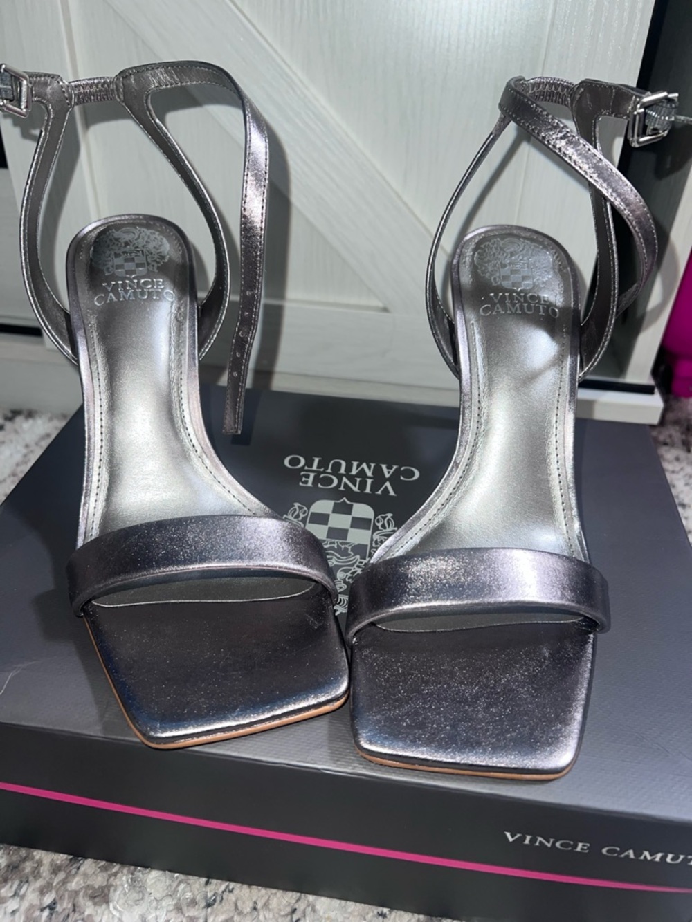 Vince Camuto Metallic Ankle-Strap Sandal - Pewter